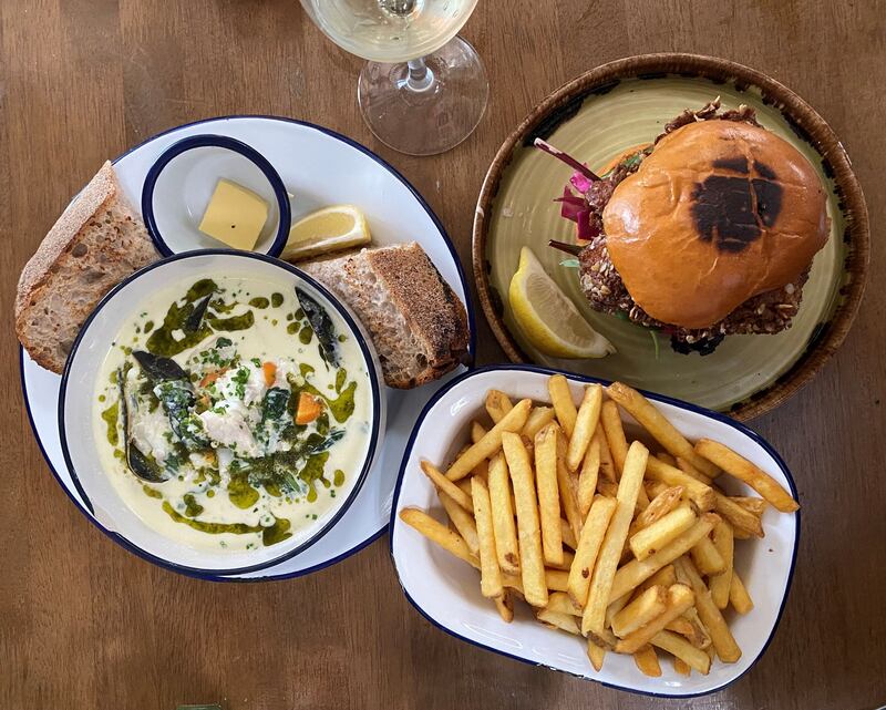 Native Seafood & Scran’s chowder, Kentucky friend monkfish in a burger bun, and chips