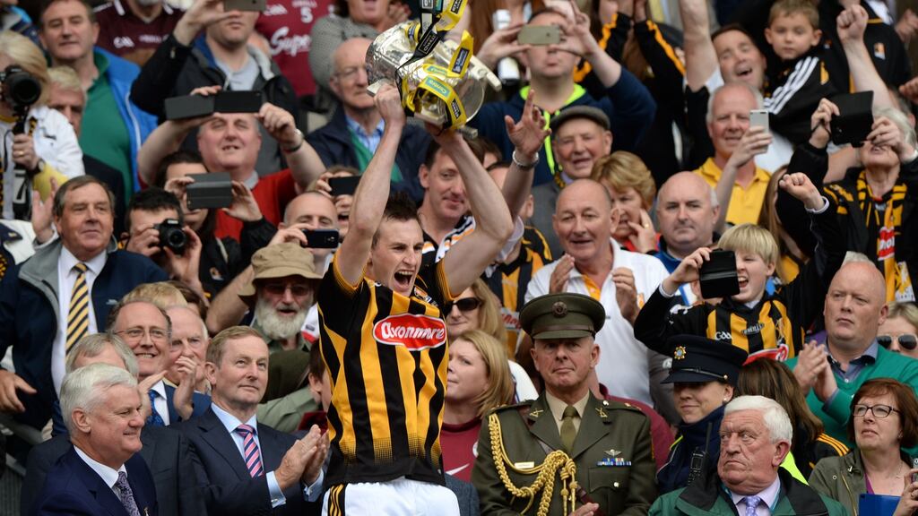 Joey Holden, Kilkenny captain lifts Liam McCarthy Cup after beating Galway, in the All-Ireland senior hurling final at Croke Park. Photograph: Dara Mac Dónaill/The Irish Times