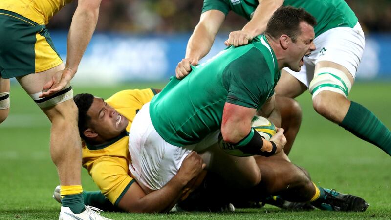 Ireland’s Cian Healy is injured in the tackle by Scott Sio of Australia during the second Test in Melbourne. Photograph: Dan Sheridan/Inpho