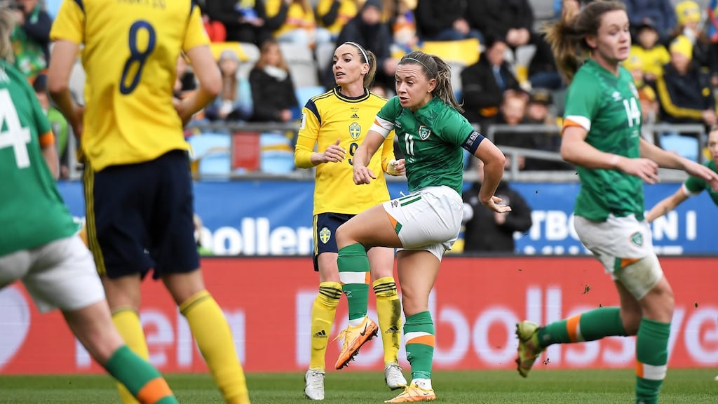 Katie McCabe scores the opening goal for Ireland against Sweden in the 2023 Fifa Women’s World Cup Qualifier Group A, in Gothenburg. Photograph: Inpho