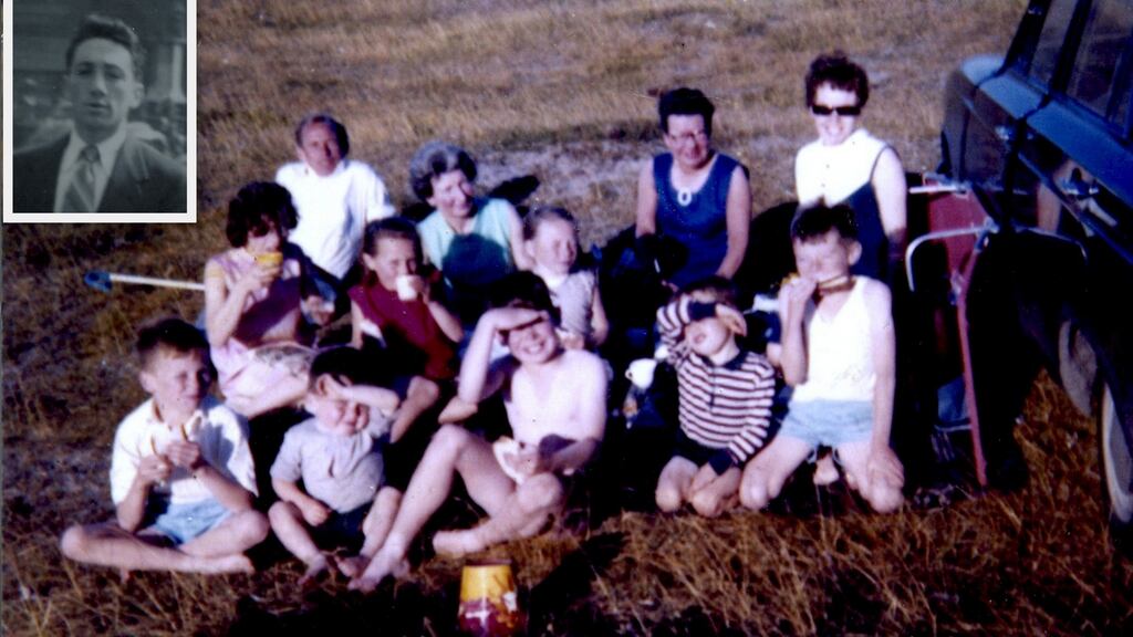 Rulebreakers: Back: Uncle Eddie, Aunty Eileen, Aunty Molly, mother Maura.  middle: cousin Eileen, cousin Fiona, sister Andrea, brother Gerard, brother Joe. front: David (me), brother Kenneth, cousin Eamon. Inset: dad Joe who took the photo.