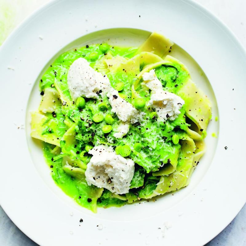 Nigel Slater’s peas, pappardelle, Parmesan. Photograph: Jonathan Lovekin/HarperCollins