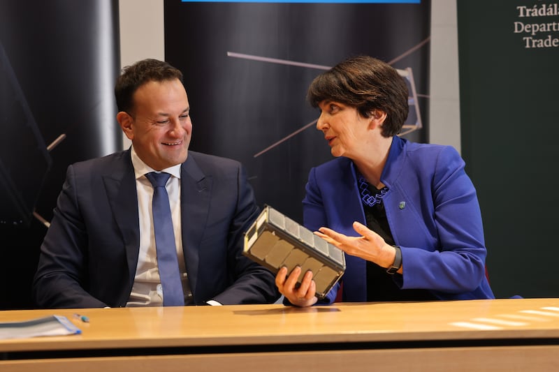 Taoiseach Leo Varadkar with Prof Orla Feely as the Government signed letters of exchange with the European Space Agency, and a registration and supervision agreement with UCD, for Ireland’s first satellite EIRSAT-1. Photograph: Dara Mac Dónaill