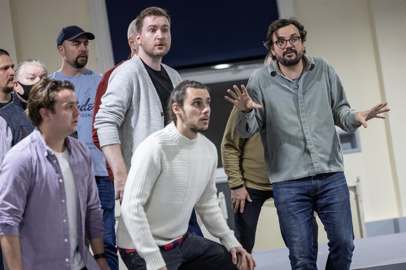 Julien Chavaz directing the chorus in William Tell. Directing choruses is one of his favourite parts of working on an opera. Photograph: Ste Murray