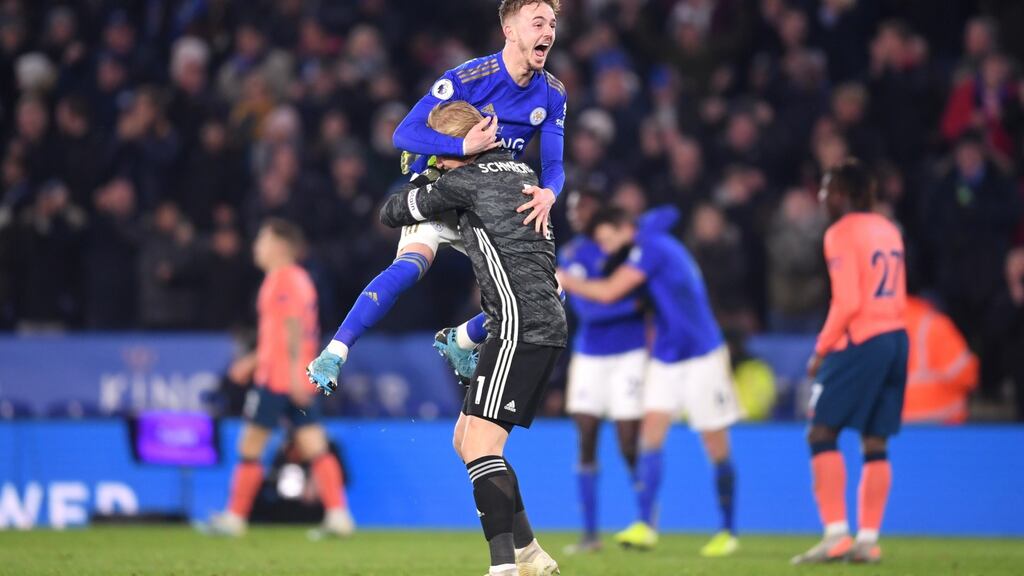 James Maddison of Leicester City celebrates with Kasper Schmeichel after the Premier League win over Everton. Photo: Laurence Griffiths/Getty Images