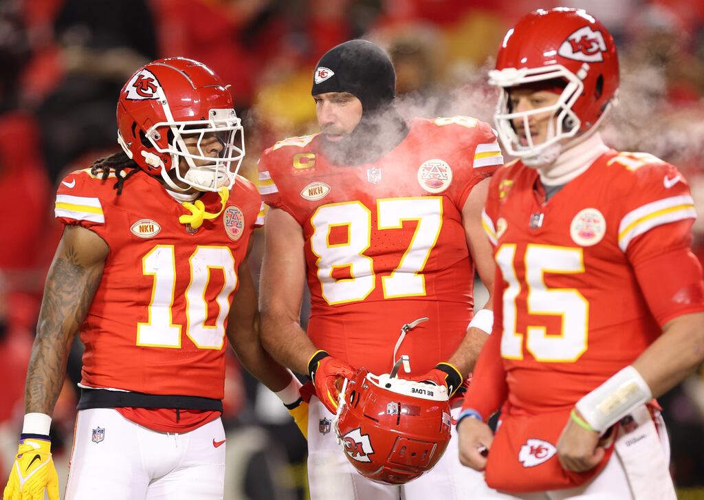 Isiah Pacheco, Travis Kelce and Patrick Mahomes of the Kansas City Chiefs during the AFC Wild Card Playoff win over the Miami Dolphins. Photograph: Jamie Squire/Getty Images