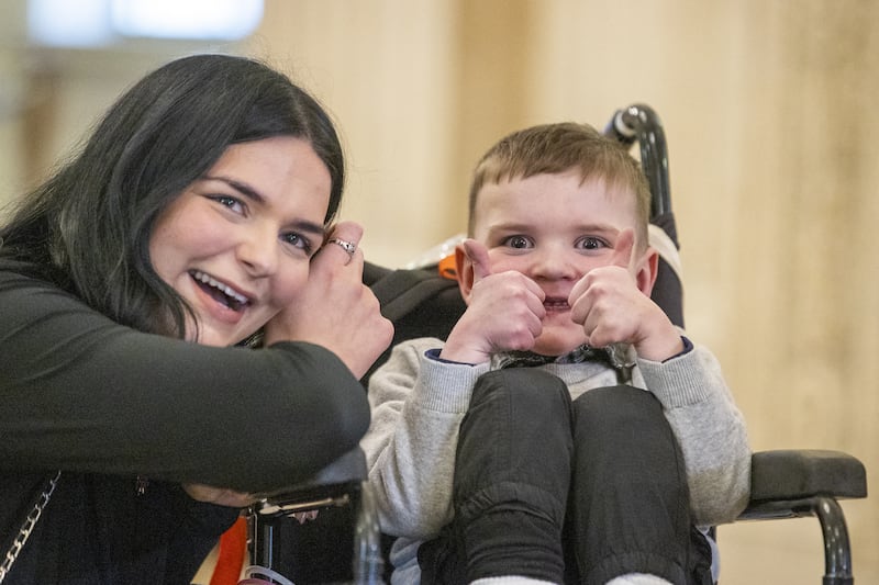 Dáithí Mac Gabhann and his mother Seph Ni Mheallain at Parliament Buildings at Stormont on Tuesday. Photograph: Liam McBurney/PA