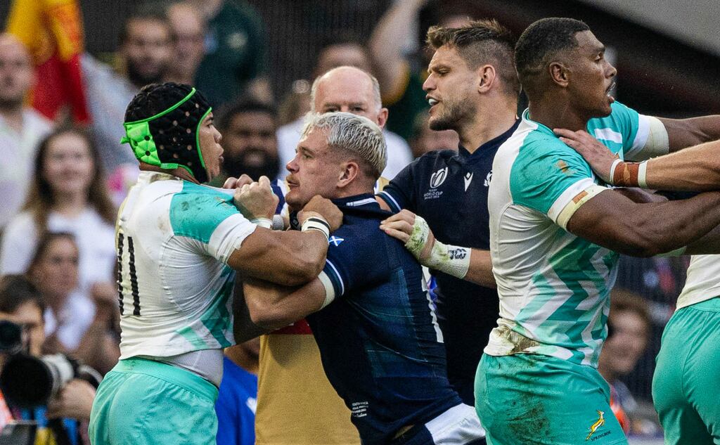 Scotland's Darcy Graham and South Africa's Cheslin Kolbe tussle during their Rugby World Cup match in Marseille, France on September 10th. Photograph: Craig Williamson/SNS Group via Getty Images