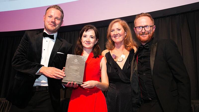 Gerard de Brún, Commercial Director, Fiontar Safety Management presents the Building of the Year – Educational award to Maria Mulcalhy, Anne-Marie Saul-Rotne & Robert Salmon, Henry J Lyons.
