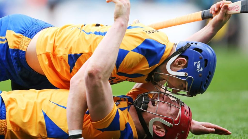 Portumna’s Joe Canning celebrates with Martin Dolphin at the final whistle. Photograph: Cathal Noonan/Inpho