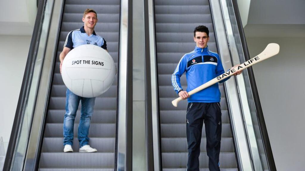 Dublin footballer Paul Flynn  and hurler Danny Sutcliffe at the launch of the jersey initiative and Pieta House “Mind our men” campaign in Dublin on Wednesday. Photograph: Sportsfile