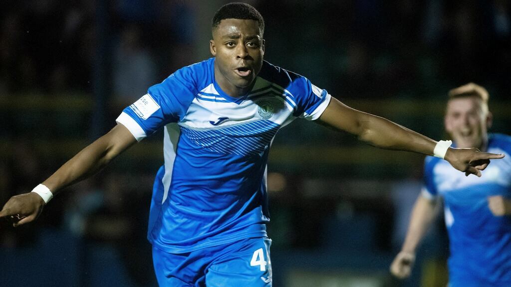 Finn Harps’ Babatunde Owolabi scored the winning goal against Shamrock Rovers on Friday night. Photograph: Evan Logan/Inpho