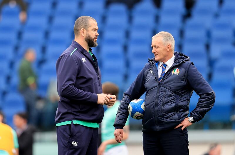 Italy head coach Kieran Crowley and Irish counterpart Andy Farrell ahead of the game in Rome. Photograph: Dan Sheridan/Inpho