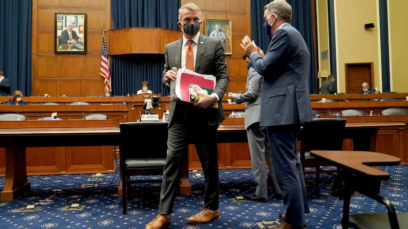 Rick Bright, former director of the Biomedical Advanced Research and Development Authority (left) after a House Energy and Commerce Subcommittee hearing in Washington DC on Thursday. Photograph: Greg Nash/The Hill/Bloomberg