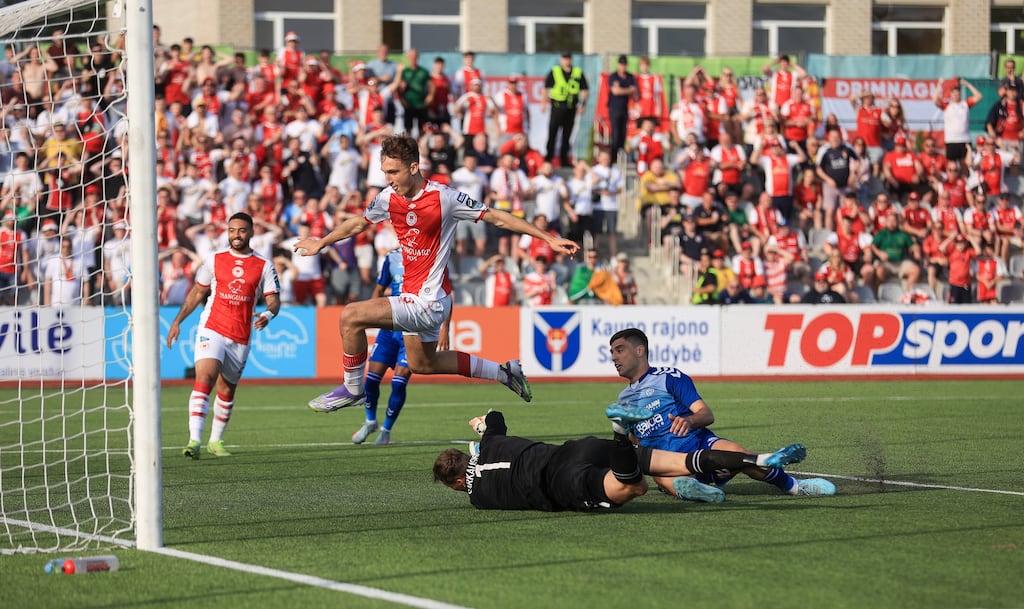 Mason Melia scores the first goal for St Patrick's Athletic during the Uefa Conference League first qualifying round, second leg against Hegelmann at Raudondvario Stadionas in Lithuania. Photograph: Aleksandar Djorovic/Inpho