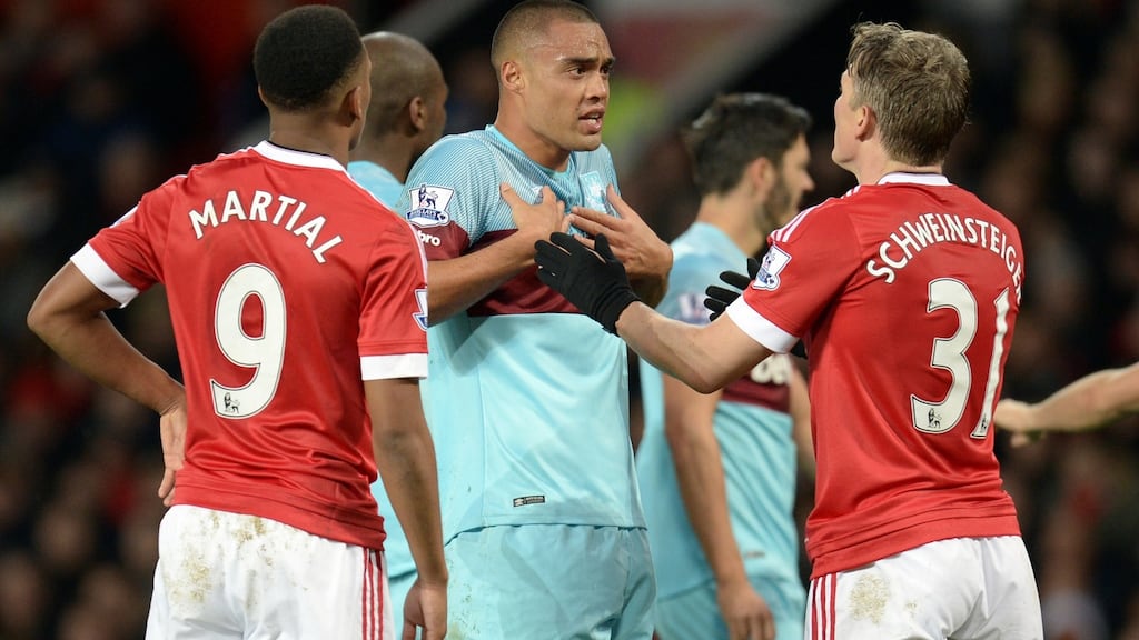 Manchester United’s Bastian Schweinsteiger invloved in an altercation with West Ham’s Winston Reid during the sides’ Premier League game on Saturday. Photo: Oli Scarff/Getty Images