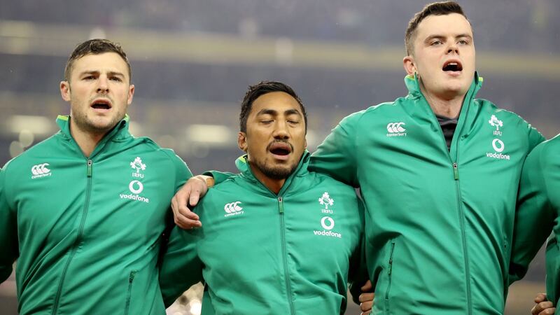 Robbie Henshaw, Bundee Aki and James Ryan. Henshaw will have to guide Aki through his first game in the Stade de France while Ryan have a lot of excitement and a little bit of fear. Photograph: Inpho