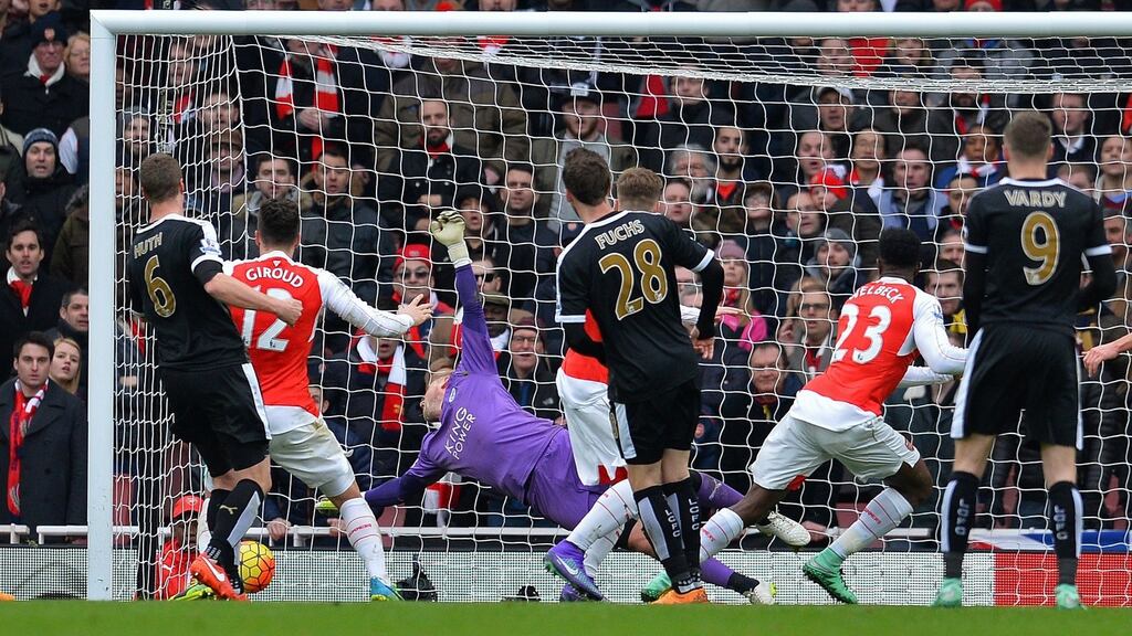 Arsenal’s Danny Welbeck celebrates scoring his team’s winning goal . Photograph: Getty Images