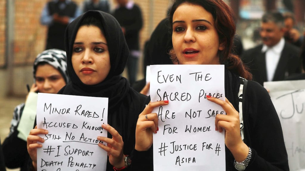 Lawyers take part in a protest in Srinigar, Kashmir, on Monday calling for justice in the case of rape and murder of an eight-year-old girl in Jammu and Kashmir state in January. Photograph: Farooq Khan/EPA