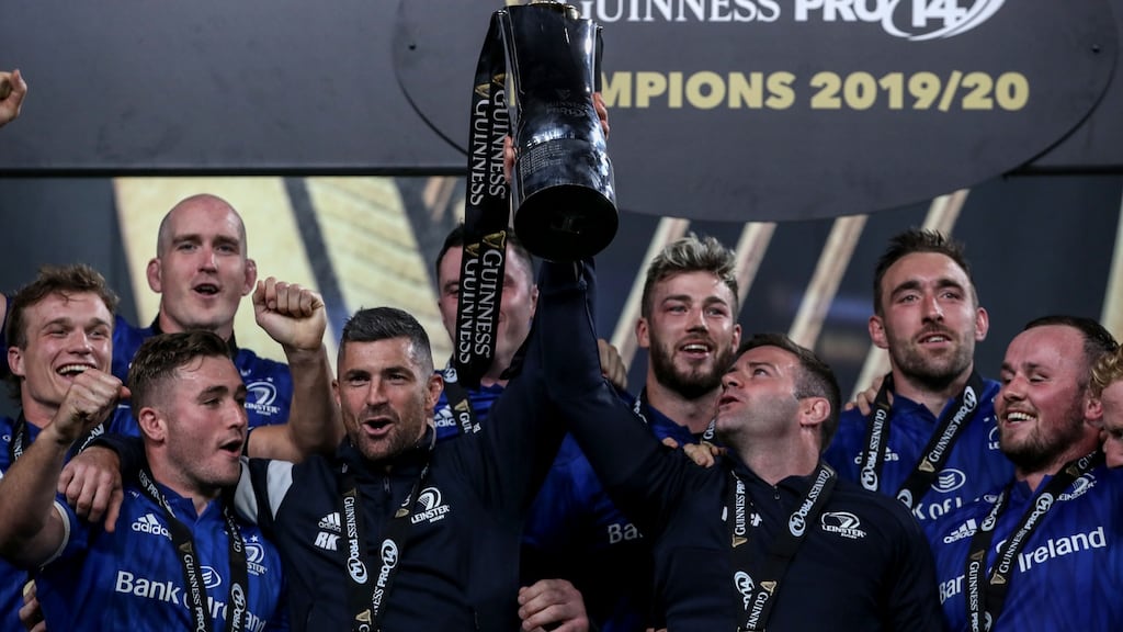 Rob Kearney and Fergus McFadden lift the Pro 14 trophy after the victory over Ulster at the Aviva Stadium. Photograph: Dan Sheridan/Inpho