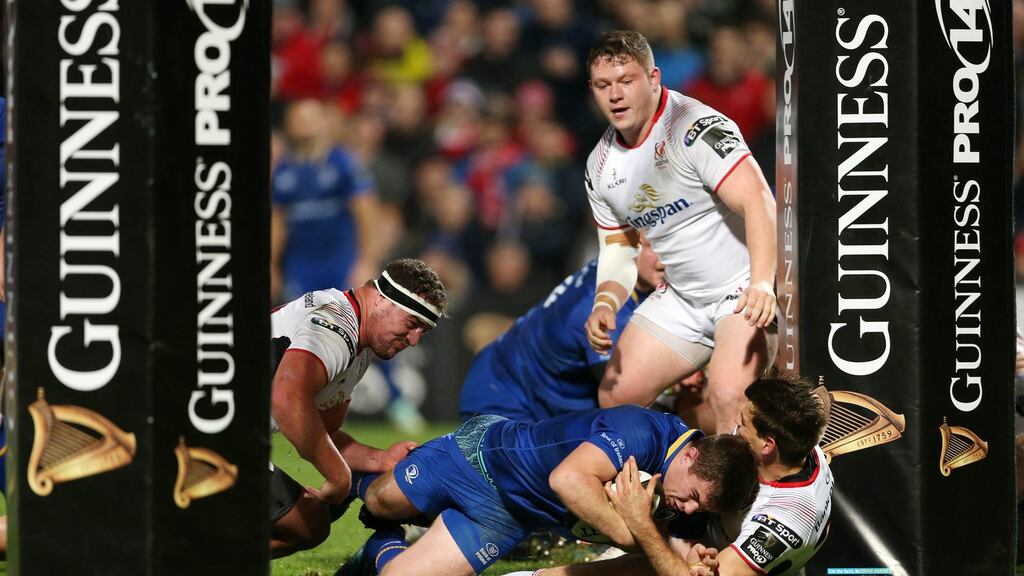 Leinster’s Luke McGrath scores a try against Ulster during the PRO14 clash at the Kingspan Stadium in Belfast. Photograph: Darren Kidd/Inpho