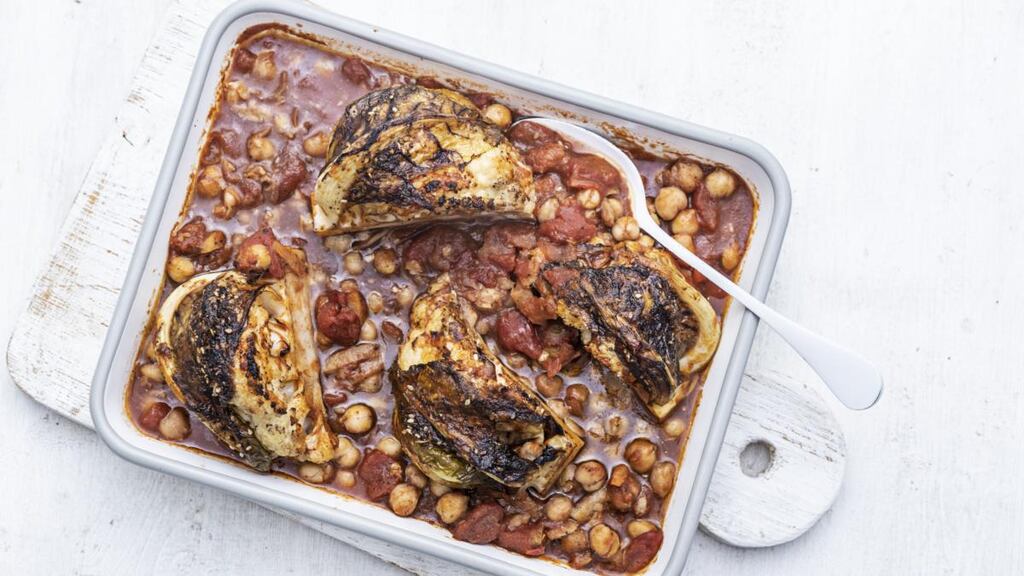 Caramelised cauliflower, chickpea and sesame bake