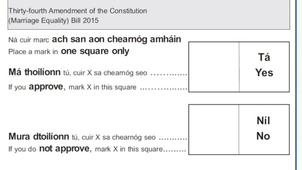 The part of the same-sex marriage referendum ballot paper where voters will mark either Yes or No. The full wording of the amendment is also published on the ballot paper.