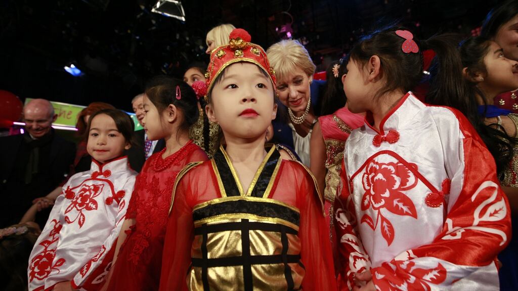Six-year-old Cindy Wang and friends at the launch of Cruinniú Na Cásca 2017, which will take place on Easter Monday in Dublin City Centre. Photograph: Nick Bradshaw