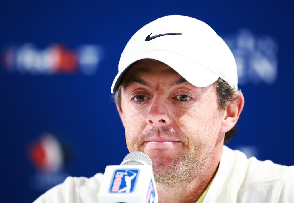 Rory McIlroy: the look of resignation on his face suggested that he knew there was nowhere else for him to go as a professional golfer following the merger of the PGA Tour and LIV sponsors, the Public Investment Fund of Saudi Arabia. Photograph: Vaughn Ridley/Getty Images