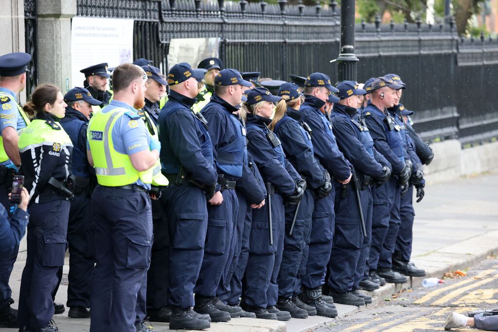 Members of the Garda Public Order Unit in front of the Merrion Street gates of the Dáil in September. Photograph: Dara Mac Dónaill