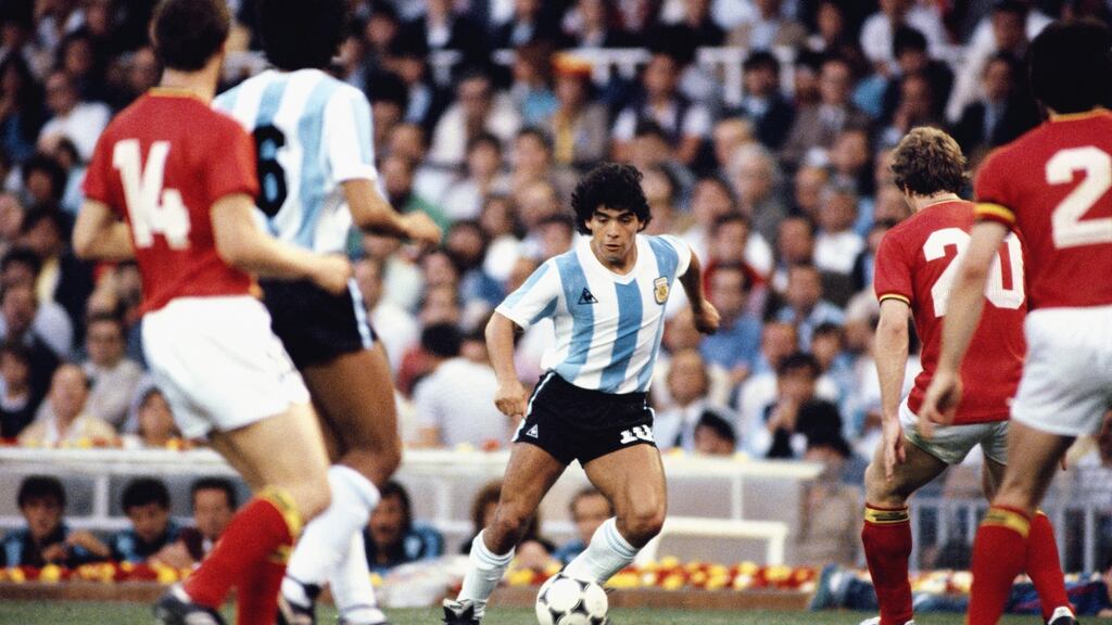 Diego Maradona in action for Argentina against Belgium during the 1982 World Cup at the Nou Camp in Barcelona. Photograph: Steve Powell/Allsport/Getty Images