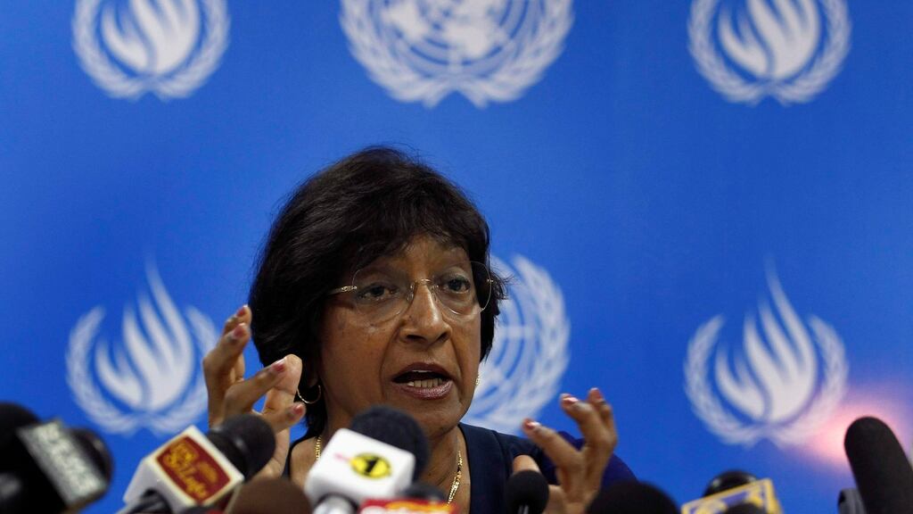 UN High Commissioner for Human Rights Navi Pillay speaks during a news conference on her trip around Sri Lanka at the UN headquarters in Colombo on August 31st, 2013. Photograph: Dinuka Liyanawatte/Reuters