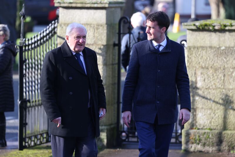 Former taoiseach Bertie Ahern and Jack Chambers TD at the State funeral of former taoiseach, John Bruton. Photograph: Dara Mac Dónaill
