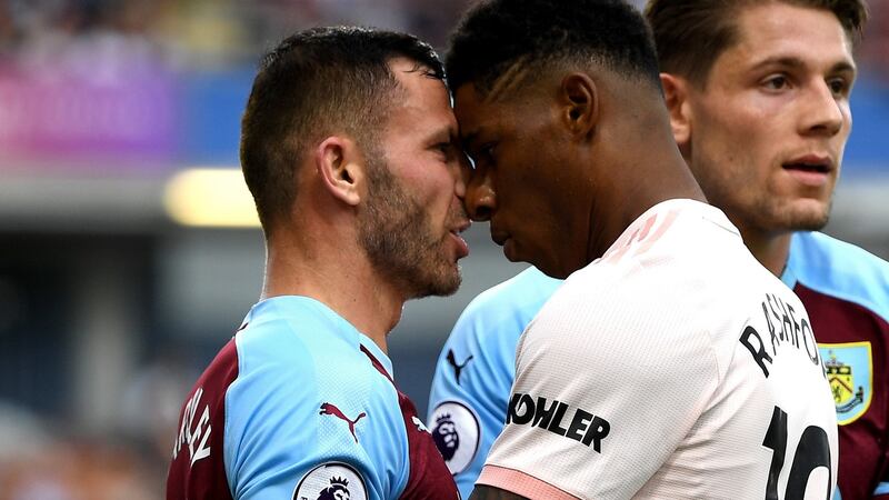 Manchester United’s Marcus Rashford was shown a straight red for an altercation with Burnley’s Phil Bardsley, who escaped with a booking. Photograph: Shaun Botterill/Getty