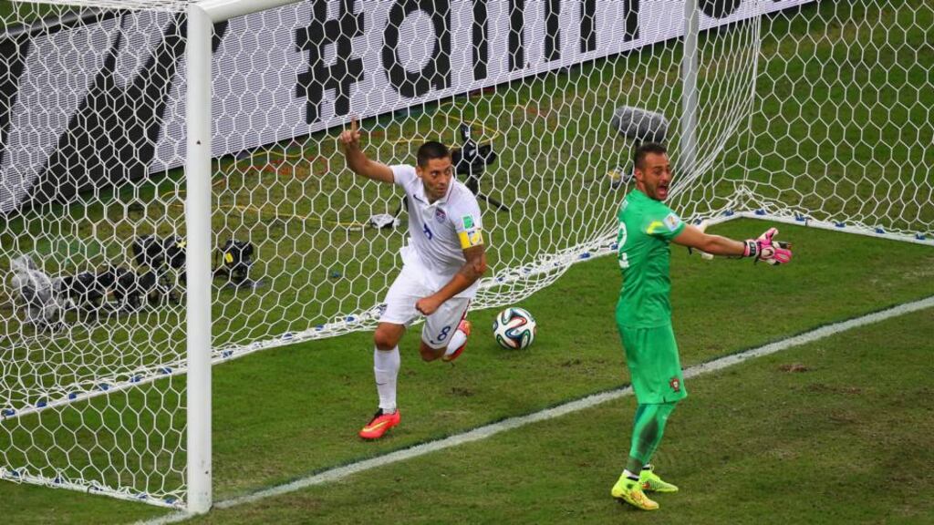 Clint Dempsey of the United States celebrates scoring his team’s second goal past Portugal goalkeeper Beto during the World Cup Group G game at Arena Amazonia in Manaus. Photograph: Elsa/Getty Images