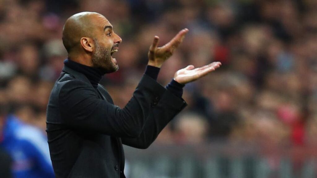 Bayern Munich coach Pep Guardiola issues instructions during the Champions League semi-final defeat to Real Madrid at the Allianz Arena in Munich, Germany. Photo: Alex Grimm/Bongarts/Getty
