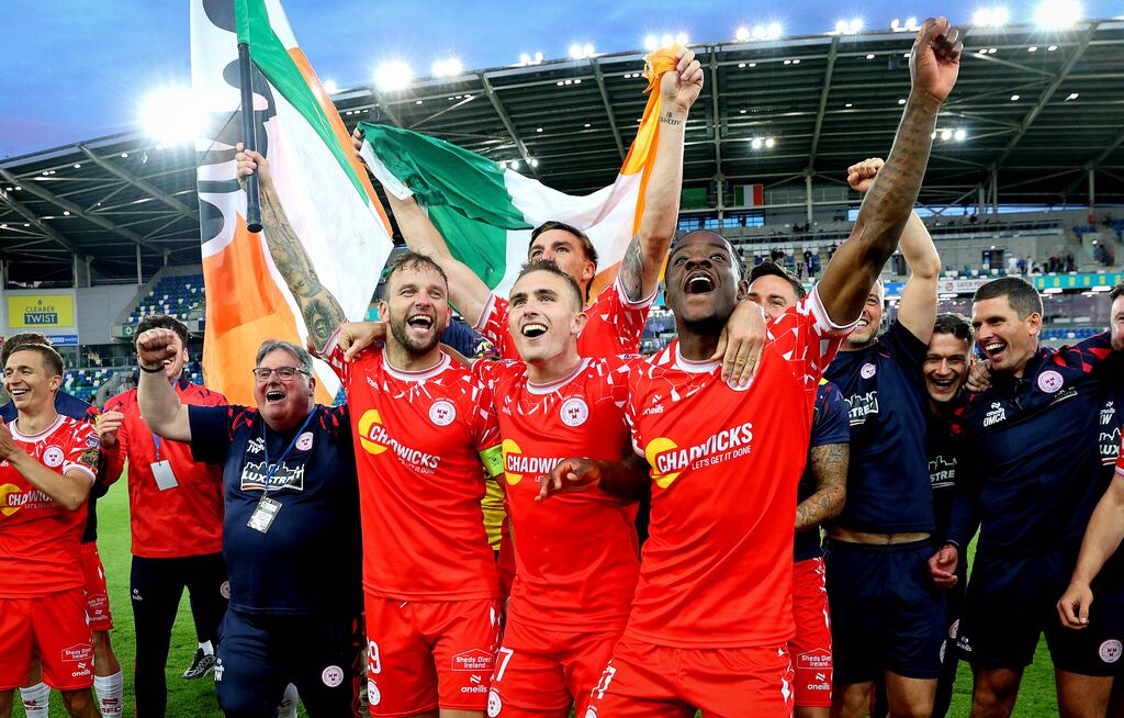 Shelbourne’s Paddy Barrett, Evan Caffrey and Mipo Odubeko celebrate after the game at Windsor Park against Linfield in mid-July. Photograph: Ryan Byrne/Inpho