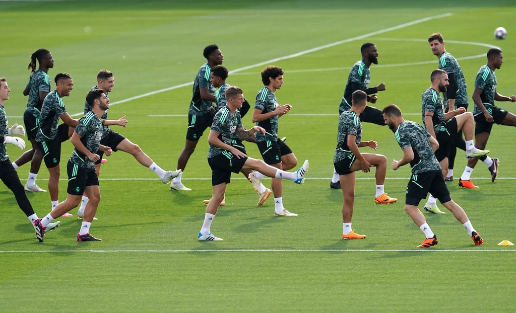 Real Madrid players during a training session ahead of their meeting with Manchester City in the semi-finals of the Champions League this week. Photograph: Nick Potts/PA
