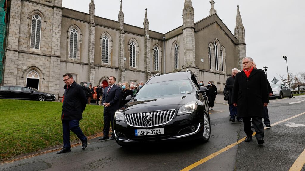 Labour Party leader Alan Kelly and former leader  Brendan Howlin TD  leading a guard of honour after the funeral Mass of former Labour minister Liam Kavanagh at St Patrick’s Church in Wicklow. Photograph: Alan Betson