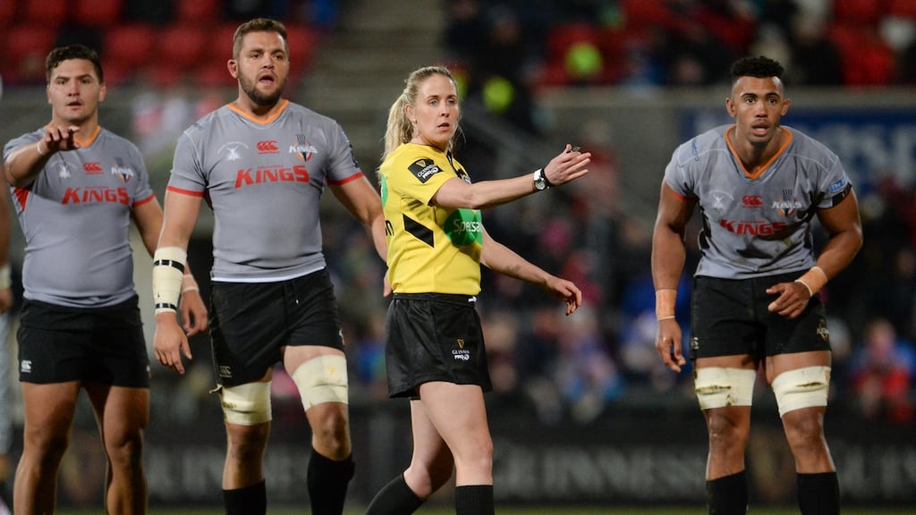 Referee Joy Neville during the Guinness PRO14 Round 14 match between Ulster and Southern Kings at Kingspan Stadium, in Belfast. Photo: Oliver McVeigh/Getty Images