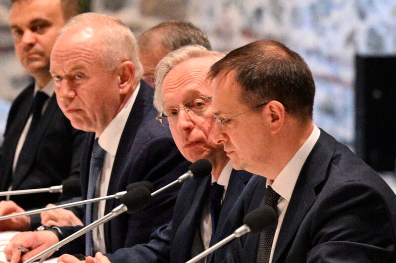 Russian presidential aide Vladimir Medinsky, right, and other members of the Russian delegation attend talks with Ukraine in Istanbul. Photograph: Ramil Sitdikov/AP