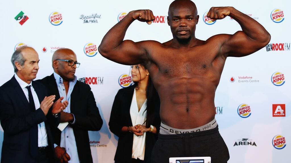 Carlos Takam weighs in ahead of last year’s fight against Joseph Parker. Photograph: Hannah Peters/Getty Images