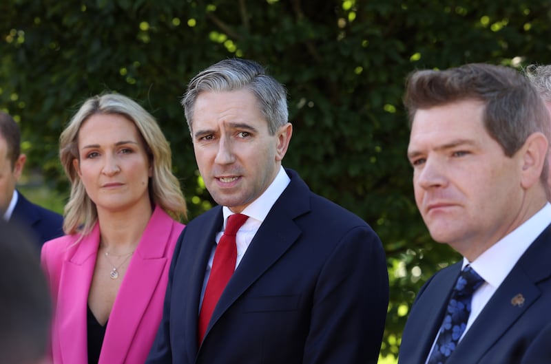 Tánaiste Simon Harris with Minister for Education and Youth Helen McEntee and Minister for Enterprise, Trade and Employment Peter Burke at the Fine Gael think-in.
Photograph: Dara Mac Dónaill/ The Irish Times