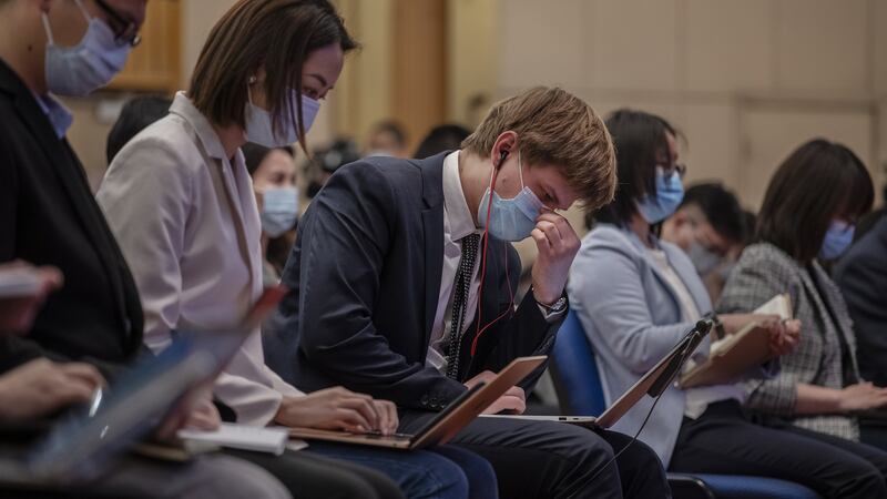 Chinese and foreign journalists at a news conference at the National People’s Congress in Beijing on March 7th. Photograph: Kevin Frayer/Getty Images