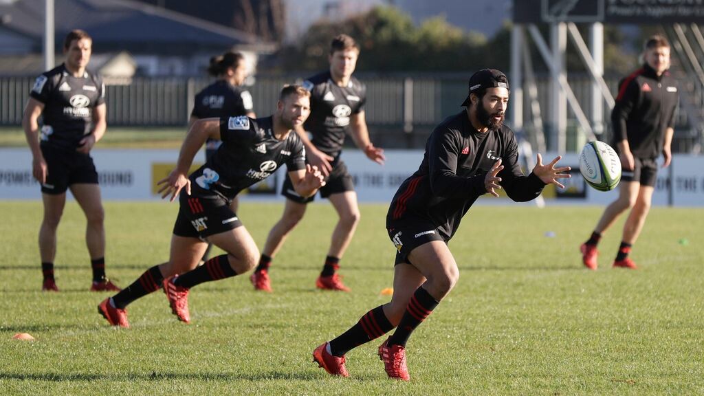 Crusaders Richie Mo’unga catches the ball during a training session at Rugby Park in Christchurch. Photo: AP Photo/Mark Baker