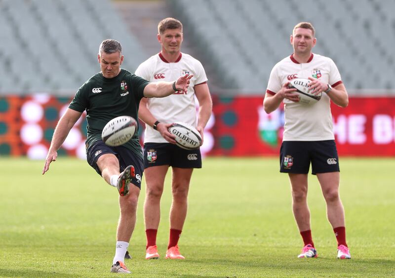 Lions kicking coach Johnny Sexton works with Owen Farrell and Finn Russell during a training session at the Adelaide Oval. Photograph: David Rogers/Getty Images