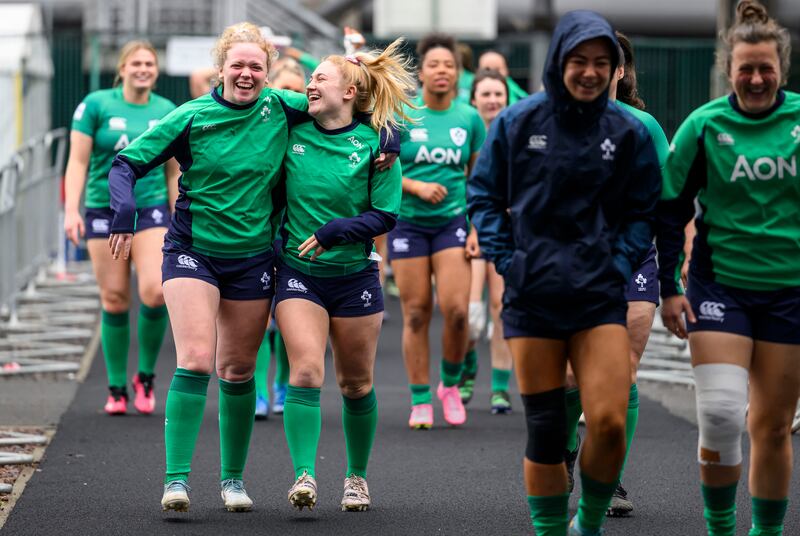 Vicky Irwin and Neve Jones share a laugh during the captain's run in Edinburgh. Photograph: Craig Watson/Inpho