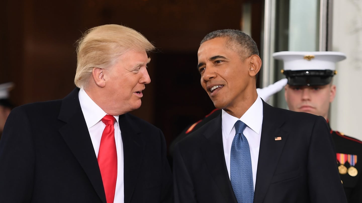 US president Barack Obama and president-elect Donald Trump at the White House in Washington. Photograph: Jim Watson/AFP/Getty