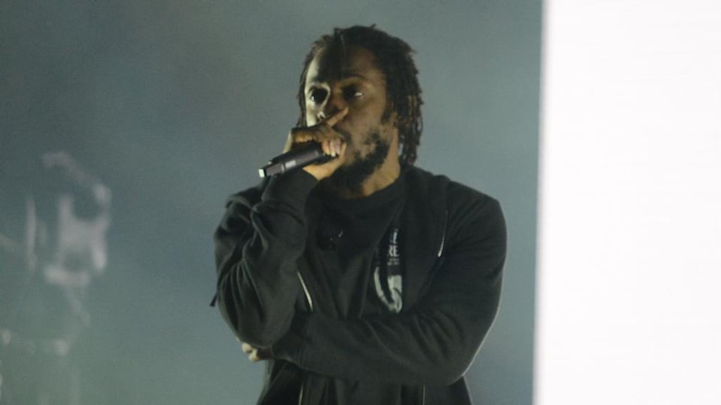 Kendrick Lamar: naturally shy, he doesn’t bask in attention so much as soak it up and internalise it – a black hole around which the huge, clattering grooves bend and warp. Photograph: Dave Meehan
