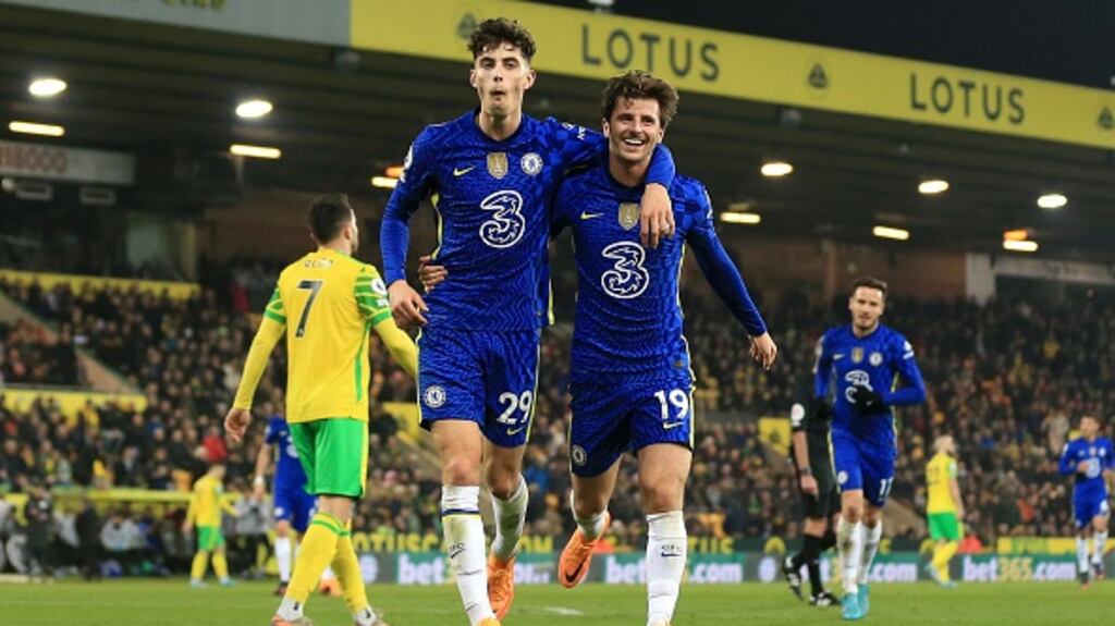 Kai Havertz celebrates with Mason Mount after scoring Chelsea’s third goal. Photograph: Stephen Pond/Getty Images